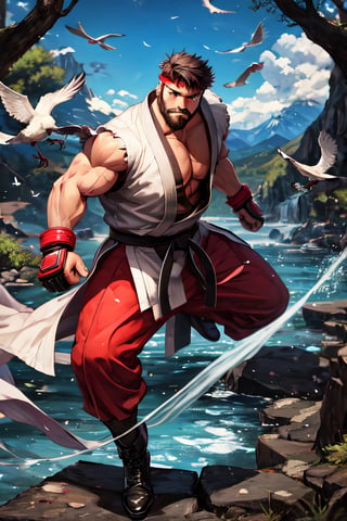 sfr1v, facial portrait, sexy stare, smirked, heavy beard, full body, fighting stance, mountains, birds, trees, waterfall, 