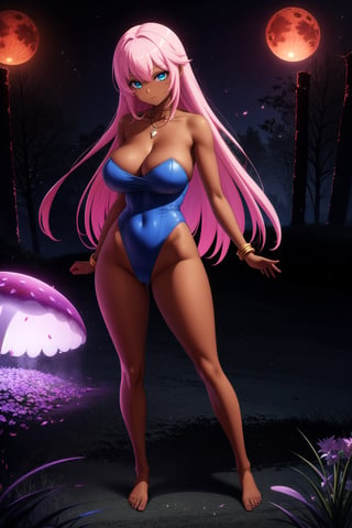 (masterpiece), highest quality 1.2, 8K, watercolor, 1girl front pov, full body image, standing sexy in a wide stance, wearing a satin and lace baby blue strapless leotard teddy with high hip cutout and cinced snug around the waist supporting her huge breasts, perfect body, athletic body, long fit legs, extra wide hips, ankles, bare feet, extra long hair down to her legs, necklaces, bracelets, long neon pink hair with cute bangs, cascading voluminous hair,  blue eyes, exaggerated black eyeliner, striking pretty, enormous breasts, dark_skin, looking past the viewer,

Adult dark fantasy, blood moon, nightmare realm, outside in darkness, black mist, dim light from glowing pink mushrooms dotting the forest floor, ,hentai,Eyes,dark skin,Beautiful eyes,tan,anime,girl,sakimichan