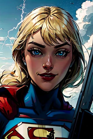 Supergirl,  facial portrait, sexy stare, smirked, flying through the sky, city below, cloudy sky, lightning, birds, planes, asteroids, 