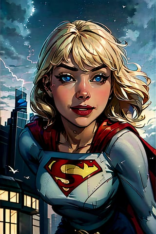 Supergirl,  facial portrait, sexy stare, smirked, flying through the sky, city below, cloudy sky, lightning, birds, planes, asteroids, 