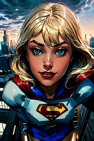 Supergirl,  facial portrait, sexy stare, smirked, flying through the sky, city below, cloudy sky, lightning, birds, planes, asteroids, 