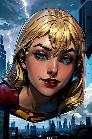 Supergirl,  facial portrait, sexy stare, smirked, flying through the sky, city below, cloudy sky, lightning, birds, planes, asteroids, 