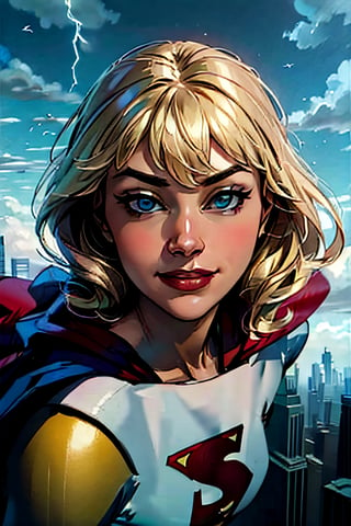 Supergirl,  facial portrait, sexy stare, smirked, flying through the sky, city below, cloudy sky, lightning, birds, planes, asteroids, 