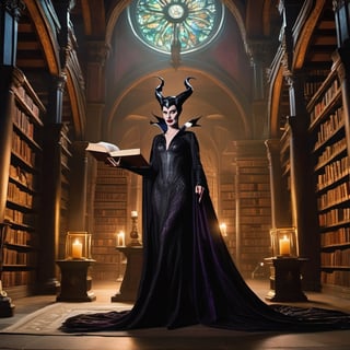 Maleficent Morbana, the Mistress of All Evil, stands in the center of an ancient library, her eyes fixed on a mysterious tome that rests on a nearby pedestal. The tome is bound in black leather and adorned with strange symbols and runes. It exudes an aura of forbidden knowledge and untold power.