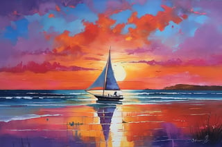 The sunset over the serene ocean, its vibrant hues of orange, pink, and purple casting a warm glow on the gently rolling waves. Seagulls soar gracefully overhead, their cries echoing across the tranquil scene. The salty ocean breeze carries the scent of sea salt and coastal blooms, mingling with the sounds of the ocean's rhythmic ebb and flow. A lone sailboat drifts lazily in the distance, its white sails billowing in the soft sea breeze. The sky above is painted with a myriad of colors, from the deep blues of the approaching night to the fiery oranges of the setting sun. The scene is one of peaceful serenity, a testament to the beauty and majesty of nature.