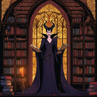 As Maleficent Morbana delves deeper into the darkest corners of a forgotten library, she discovers a mysterious tome containing ancient, forbidden knowledge and the potential to unlock unimaginable power. The sinister text entices her with promises of unparalleled darkness and malevolence, luring her closer to the brink of ultimate destruction. The pages are adorned with intricate, gothic illustrations that seem to come alive with every turn, hinting at the dark magic that lies within.,High detailed ,Color magic,Saturated colors