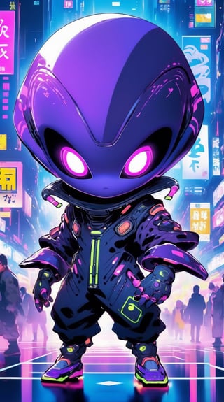 Anime, chibi alien in stylish japanese jumpsuit, carries cyberpunk vibe, pointing to viewer,simple background, ask for ready ,dynamic move, active, explosive light, white&purple,  art,  detailed artwork, high_resolution