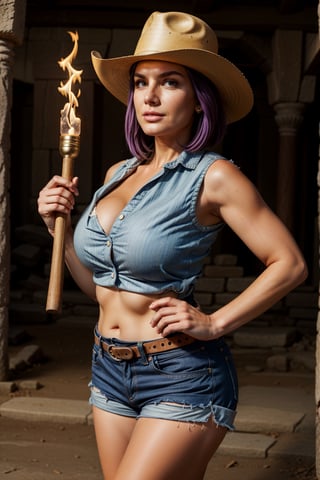 Cowboy shot, (masterpiece, high quality, illustration) Wide angle, Inside a dark ancient Aztec temple, 1girl, mature female, (huge breasts), sagging breasts, purple hair, perfectly explained hands,perfect fingers, plump, wide hips, thick thighs, (taut_clothes), sleeveless white button shirt, taut buttons, tucked_in_shirt, cleavage, bursting_breasts, brown shorts, skindentation, holding up one large wooden torch, (Indiana Jones Hat), covered in dirt, concerned