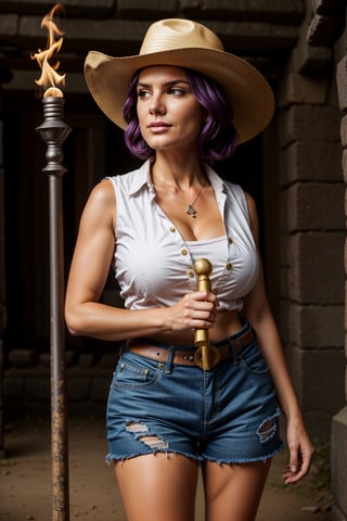 Cowboy shot, (masterpiece, high quality, illustration) Wide angle, Inside a dark ancient Aztec temple, 1girl, mature female, (huge breasts), sagging breasts, purple hair, perfectly explained hands,perfect fingers, plump, wide hips, thick thighs, (taut_clothes), sleeveless white button shirt, taut buttons, tucked_in_shirt, cleavage, bursting_breasts, brown shorts, skindentation, holding up one large wooden torch, (Indiana Jones Hat), covered in dirt, concerned