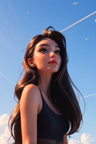 Digital art of a beautiful girl with long straight hair , 3d, realistic, 3d render, hyperdetailed, staring at the sky