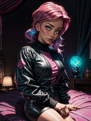 FRONTAL VIEW Image of an /(Upper body portrait of a beautiful girl with pink hair), bedroom, bed, pink gradient synthwave room, Perfectly drawn Fingers, (sitting close to a pink desk), pink gradient Lighting , Centered Image, Middle Image, zen Interior design, volumetric color , flaming colors, neon pink colors, cosmos, cyber, synthwave, wearing a white t-shirt and black jacket, SFW,3DMM,12334,cartoon ,facial