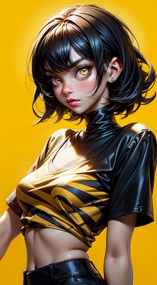 1girl, ((  Portrait of a beautiful girl)), Close-up portrait, black hair, (behance portfolio), ( stare, black and yellow strip T-shirt design), fashion photography (her T-shirt made of yellow and black stripes design), (yellow eyes), short hair,(( yellow background)), 12334,3DMM,cartoon 