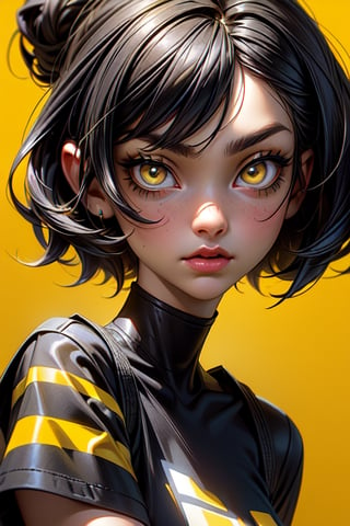 1girl, ((  Portrait of a beautiful girl)), Close-up portrait, black hair, (behance portfolio), ( stare, black and yellow strip T-shirt design), fashion photography (her T-shirt made of yellow and black stripes design), (yellow eyes), short hair,(( yellow background)), 12334,3DMM,cartoon 