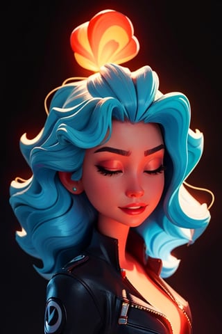 Digital art of a beautiful girl with glowing aqua curly hair, black background, high quality, masterpiece, eyes closed, glowing top, light 