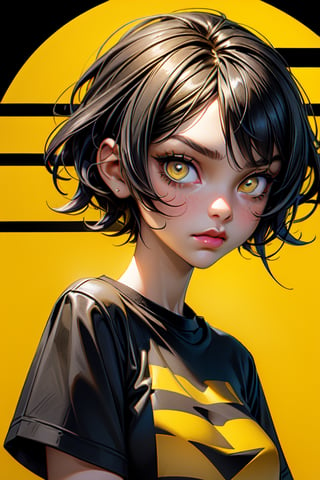 1girl, ((  Portrait of a beautiful girl)), Close-up portrait, black hair, (behance portfolio), ( stare, black and yellow strip T-shirt design), fashion photography (her T-shirt made of yellow and black stripes design), (yellow eyes), short hair,(( yellow background)), 12334,3DMM,cartoon 