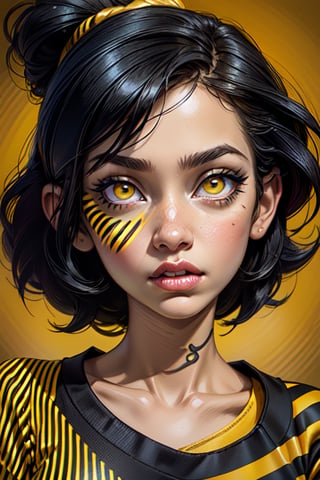 1girl, ((  Portrait of a beautiful girl)), Close-up portrait, black hair, (behance portfolio), ( stare, black and yellow strip T-shirt design), fashion photography (her T-shirt made of yellow and black stripes design), (yellow eyes), short hair,(( yellow background)), 12334,3DMM,cartoon ,anime