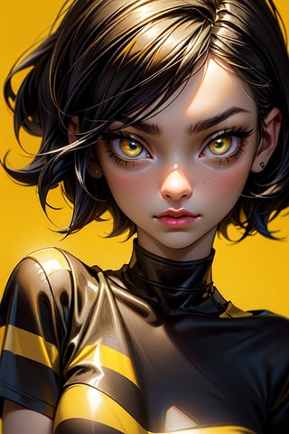 1girl, ((  Portrait of a beautiful girl)), Close-up portrait, black hair, (behance portfolio), ( stare, black and yellow strip T-shirt design), fashion photography (her T-shirt made of yellow and black stripes design), (yellow eyes), short hair,(( yellow background)), 12334,3DMM,cartoon 