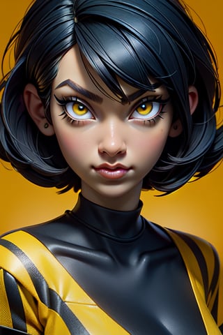 1girl, ((  Portrait of a beautiful girl)), Close-up portrait, black hair, (behance portfolio), ( stare, black and yellow strip T-shirt design), fashion photography (her T-shirt made of yellow and black stripes design), (yellow eyes), short hair,(( yellow background)), 12334,3DMM,cartoon ,anime