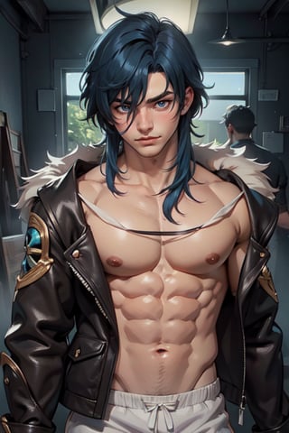 masterpiece,(bestquality:1.3),bestillustration,extremely detailed 8K wallpaper,genshin_impact, young man, muscular, clear abs, no top_wear, short hair, 