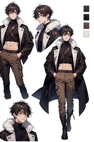  short hair, anime style, white background, character sketch, rotation, character sheet, young boy, full body, short coat, slits, brown boots, cargo pants, leather turtleneck, cheerful, synthetic animal fur, facial expressions, many, cross earrings, straps, accessories, crop top, genshin_impact