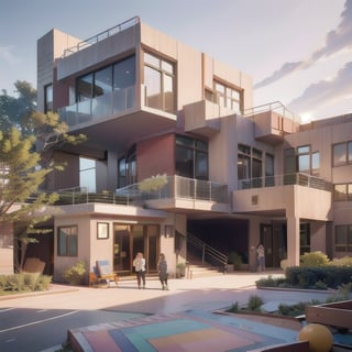 night render, v-ray, ((corona render)), modern house, (((contemporary architecture))), contemporary house, best quality, masterpiece, (photorealistic:1.4), 2 women, dramatic lighting, 8k, photorealistic, analog, realism, photorealistic, analog, realism,nursery school,photorealistic,analog,kindergarten