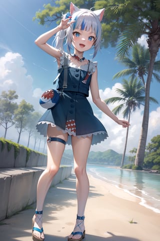 2d, masterpiece, best quality, anime, highly detailed, full body, 1girl, solo, gura_neko, blue dress, cat ears, side ponytail, cube hair ornament, sandals, :d, sharp teeth, shark tail, shoulder bag, standing, shore town,1girl