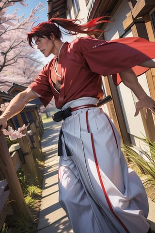 kenzie himura, battousai,  1boy, samurai sword, red hakama , long red hair, blue eyes,  ponytail,  cherry blossom pathway ,Kagami Taiga , x scar at left cheek , landscape photo , fight pose