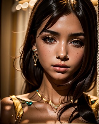 seductive 21 y.o. woman, tan skin, gold cocktail dress, diamond_earing , light hazel eyes, delicate face, cute nose, blushing, dramatic light, soft focus, at a disco, photorealistic portrait, saturated colors