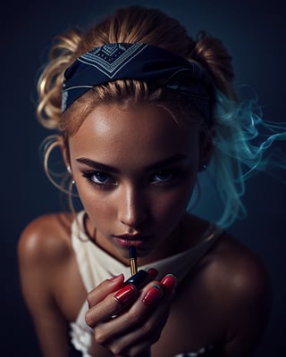 a seductive girl, 19 year old, golden tan skin, beautiful, blonde hair, bandana, perfect face, smoking, photorealistic, high contrast lighting, deep saturated colors