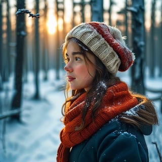 masterpiece, detailed, girl, winter forest, snow, sunset