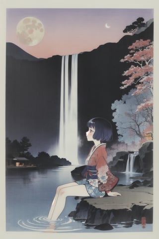 solo, 1girl, full body, sitting, lake, waterfall, mountains, night, moon, 
ohara koson, ukiyo-e, 
high res, best quality, 