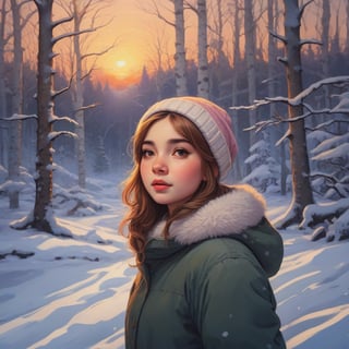 masterpiece, detailed, girl, winter forest, snow, sunset