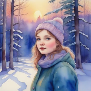 masterpiece, detailed, girl, winter forest, snow, sunset,watercolor \(medium\)