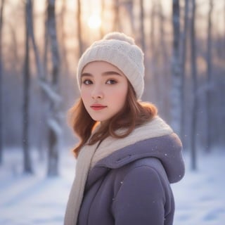 masterpiece, detailed, girl, winter forest, snow, sunset