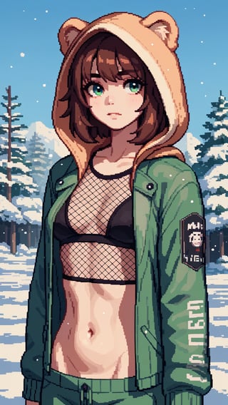 Score_9, score_8_up, score_7_up, 1girl, posing, upper body, hooded puffer jacket, fishnet top, see through shirt, see through navel, snow,