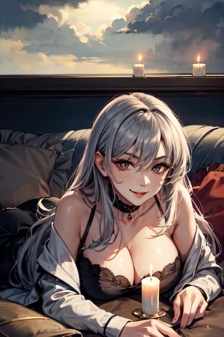 m0n1c4b31u-smf, facial portrait, sexy stare, smirked, laying on the sofa, candlelights, cloudy sky, 