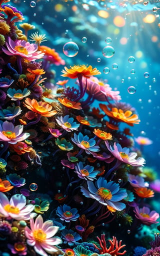 anime_artwork,  grand_photograph,(very aesthetic, best quality, ultra detailed), intricate details, intricate pattern, colorful, rainbow anemone, majestic, refined, breathtaking, in the depths on the ocean, cute, underwater, corals, anemones, schools of fish, fish, kelp, sea slugs, bubbles,under the sea,abisal dark sea 