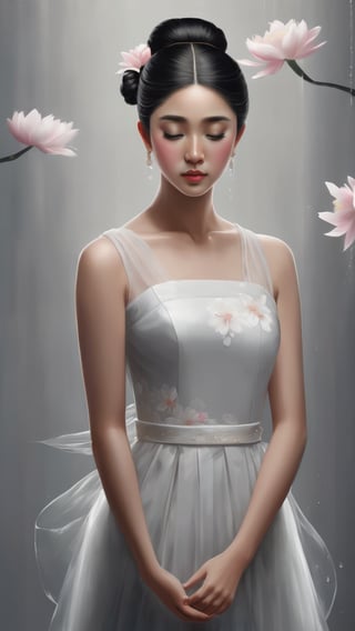 ((best quality)), ((masterpiece)), (detailed), (realistic),NYFlowerGirl, 1girl, black hair, flower, dress, solo, white dress, hair bun, single hair bun, reflection, closed eyes, water, dark-skinned female, dark skin, standing, collarbone, sleeveless, bare shoulders, facing viewer, grey background, sleeveless dress,chinese ink drawing,Leonardo Style