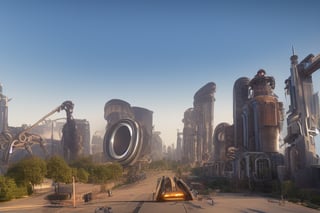 Daytime view of Dystopian futuristic steampunk cybernetic city street scenewith complex intricate mechanical robotic parts, massive robotic designs on buildings and bridges, giant cogs,gears,levers, Extremely detailed,vivid colored scheme, global illumination, lumen refection, trending on Dodo, 8k, highest resolution, high octane render