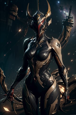 (khora:1.3), warframe, helmet, cowboy shot, medium breasts, upper body, standing, solo, 
space ship, stars,  
(insanely detailed, masterpiece, best quality),Warframe