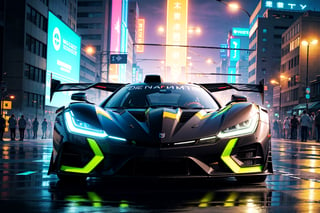 (digital artwork), EV Super car, wide body kit, modified car, racing livery, rainingmasterpiece, best quality, realistic, ultra highres, depth of field,(full dual colour neon lights:1.2), (hard dual colour lighting:1.4), (detailed background), (masterpiece:1.2), (ultra detailed), (best quality), intricate, comprehensive cinematic, magical photography, (gradients), colorful, detailed landscape, visual key,