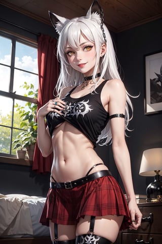 masterpiece, best quality, bedroom, close up, 1girl, breast grab, undressing, smug, smile, long hair, white hair, yellow eyes, animal ears, medium breasts, navel, bare shoulders, underboob, choker, black shirt, (print on shirt:1.2), (black metal print:1.4), red plaid skirt, rings, chains, thigh strap, black tighhighs,