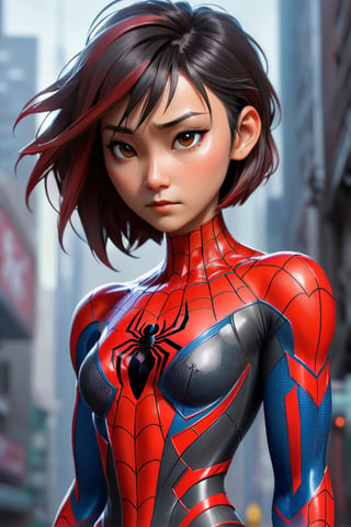 1girl, asian girl, peni parker, sad face, black spider man, Spiderman 2099, biomechanical arms, complex robot, insane fine details, Extremely sharp lines, cyberpunk aesthetic, medium Breasts, symmetrical hair cut, short hair, evangelion theme