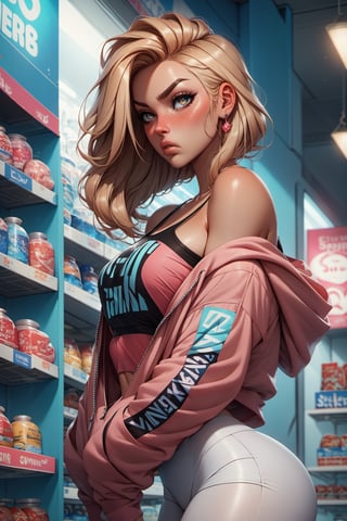 score_9, score_8_up, score_7_up,
1girl, solo, beautiful stylish girl, earrings. streetwear, off shoulder hoodie, croptop, white leggings. in a convenience store. heavenly beauty. full lips, pouting, blushing.,p0pp3r 