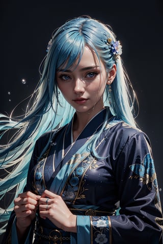 masterpiece, best quality, beautiful lighting, ultra detailed, hypery
1girl, floating blue_hair, long hair, (water:0.7), waterdrop, wet, holding_katana, blue_kimono with intricate pattern, ultra detailed, (textured_clothing), black_background,  (intricate details, hyperdetailed:1.15), detailed, light passing through hair, (official art, extreme detailed, highest detailed),