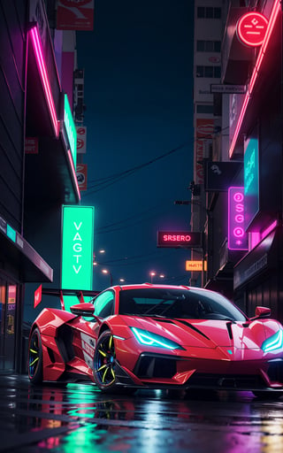 (digital artwork), EV Super car, wide body kit, modified car, racing livery, rainingmasterpiece, best quality, realistic, ultra highres, depth of field,(full dual colour neon lights:1.2), (hard dual colour lighting:1.4), (detailed background), (masterpiece:1.2), (ultra detailed), (best quality), intricate, comprehensive cinematic, magical photography, (gradients), colorful, detailed landscape, visual key,cybernoenKA