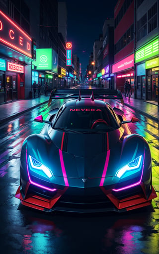 (digital artwork), EV Super car, wide body kit, modified car, racing livery, rainingmasterpiece, best quality, realistic, ultra highres, depth of field,(full dual colour neon lights:1.2), (hard dual colour lighting:1.4), (detailed background), (masterpiece:1.2), (ultra detailed), (best quality), intricate, comprehensive cinematic, magical photography, (gradients), colorful, detailed landscape, visual key,cybernoenKA