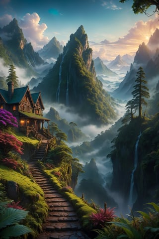 atmospheric scene inspired by a Peter Jackson fantasy movie, breathtaking landscape, towering mountains, lush forests, misty valleys, awe-inspiring structures, diverse and vibrant characters, engaging in a pivotal moment, dramatic lighting, vivid colors, intricate details, expertly capturing the essence of an epic cinematic experiencemasterpiece, best quality, realistic, ultra highres, depth of field, (full dual colour neon lighting:1.2), (hard dual colour lighting:1.4), (detailed background), (masterpiece:1.2), (ultra detailed), (best quality), intricate, comprehensive cinematic, magical photography, (gradients), colorful, detailed landscape,