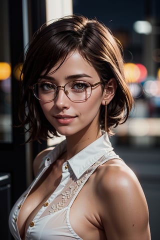 masterpiece, best quality, beautiful lighting, ultra detailed, hypery
a Woman smiling with golden eyes, headphones, glasses, wearing open buttons shirt and underwear, seductively LOOK BACK AT THE CAMERA beside a window, window street lights at midnight, low angle shot, volumetric lighting, hyperrealism, hyper realistic, highly detailed, 8k, volumetric lighting, bokeh, field of view