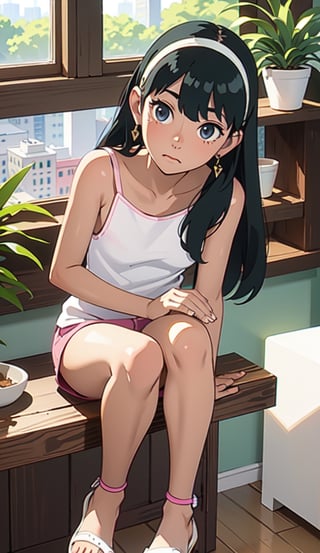 fit pink shorts, drawing, painting on paper, inks, ink pots, shelf((Masterpiece)), (Best Quality), Sandal, Art, Highly Detailed, Extremely Detailed CG Unity 8k Wallpaper, (Curves: 0.8), (Full Body: 0.6), 3DMM, (Masterpiece, Best Quality) , black hair, long hair, tanned skin, tan skin, dark eyes, sitting, white sleeveless shirt, no bra, sandal, sitting, white walls, neon lights, wooden shelf, pots, plants, decorative plants, window, window, ((city view)),PT,anime